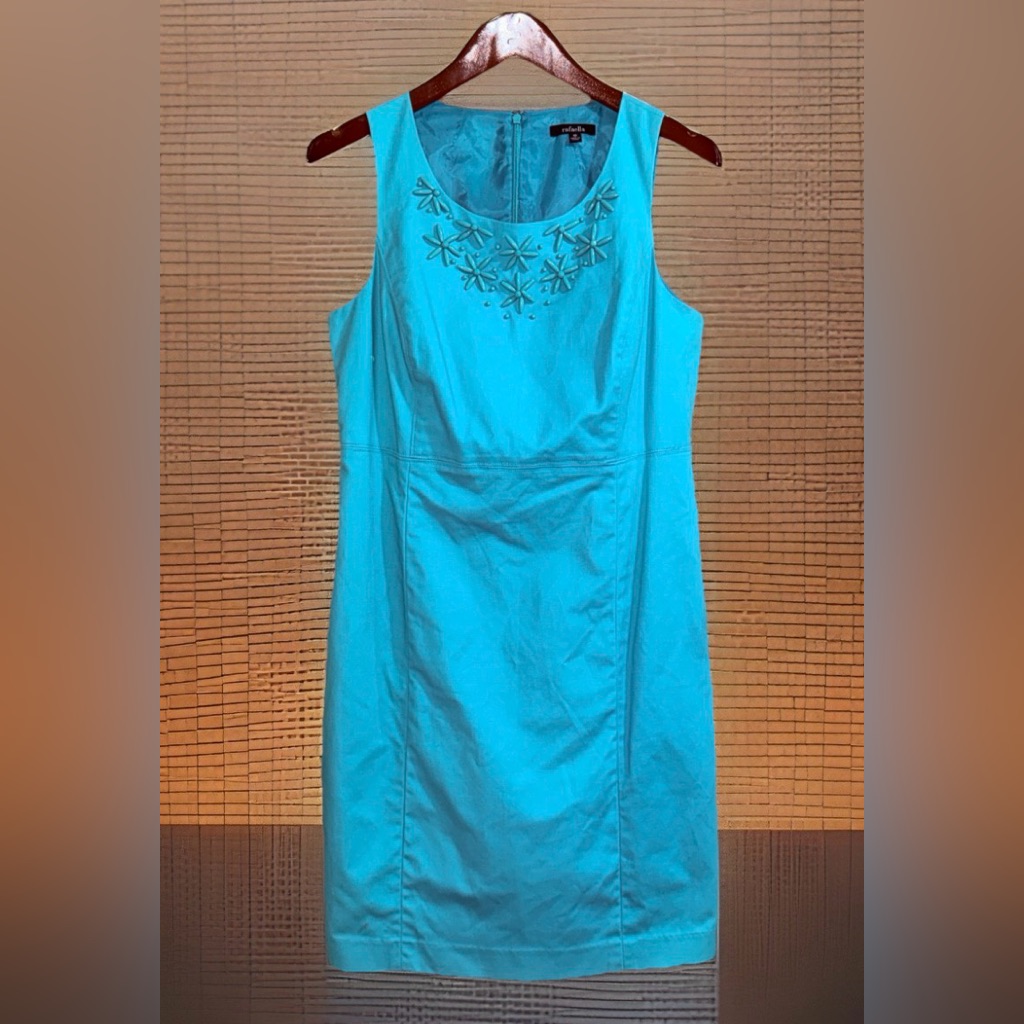 Rafaella Turquoise Sleeveless Jewelled-Neck Sheath Dress-10-Euc